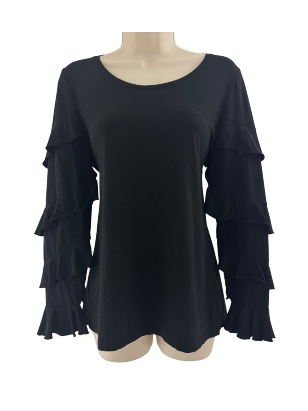 Chico's Size 1 = Medium Black Soft Knit Long Ruffle Tiered Sleeve Top Shirt